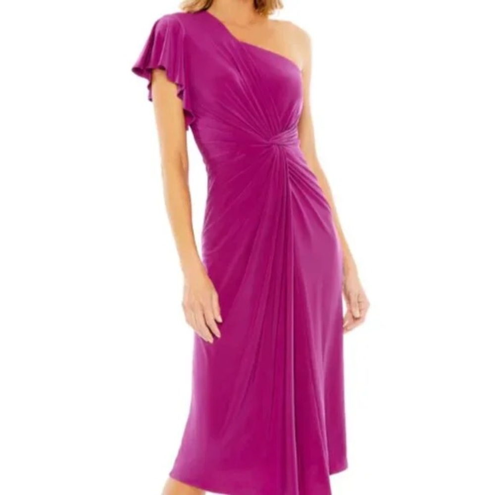 Mac Duggal One-Shoulder Fuchsia Midi Dress